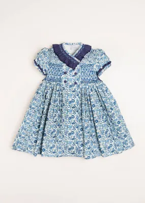 Daphne Floral Print Handsmocked Double Breasted Dress in Blue (12mths-10yrs)