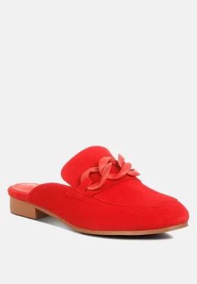 KRIZIA Chunky Chain Suede Slip On Mules in Red