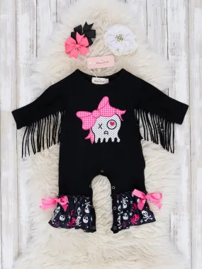 Pink & Black Fringe Skull Ruffle Romper